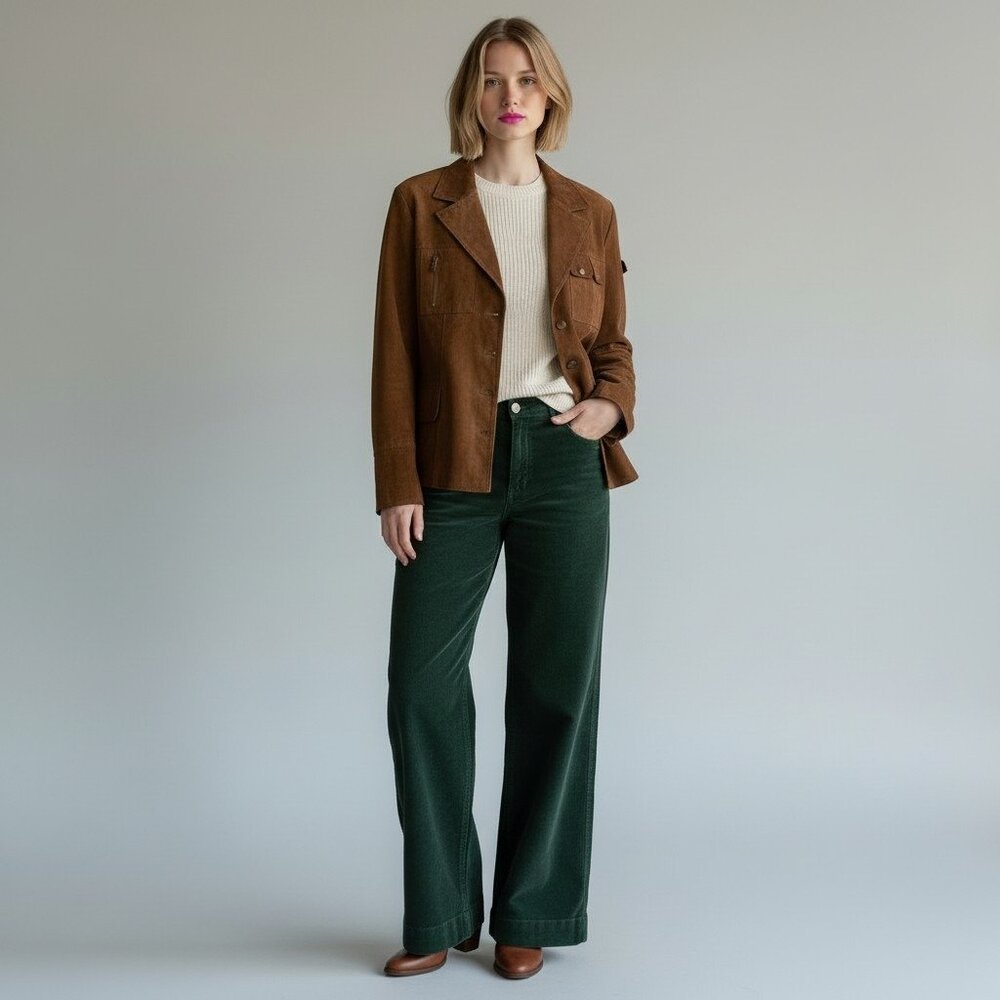 Vintage Together Brown Genuine Leather Utility Safari Blazer Jacket Women Size 8